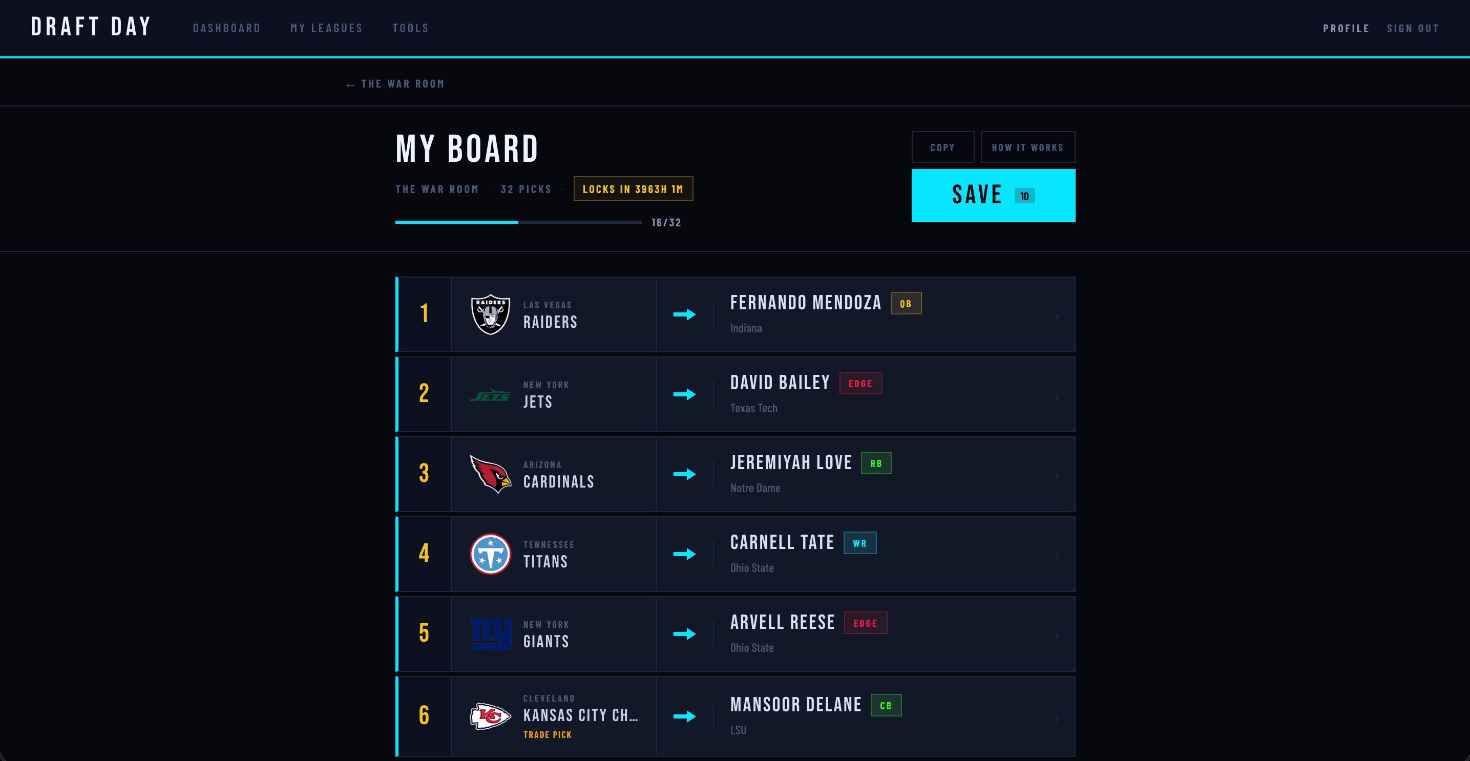 Draft Day draft board screenshot